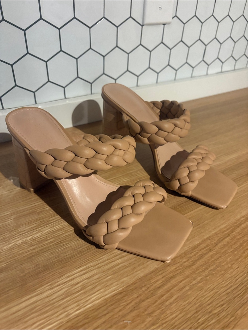 Braided Double-Strap Tan Block Heel Sandals - Women